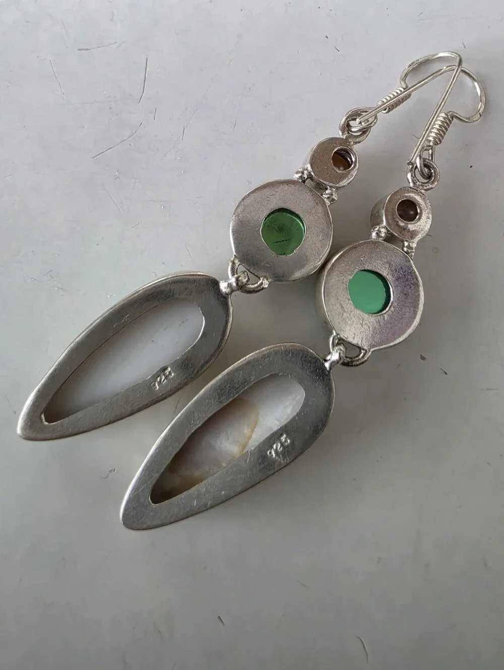 925 Silver Green Crystals, White Buffalo & Pearl Dainty Long Earrings!